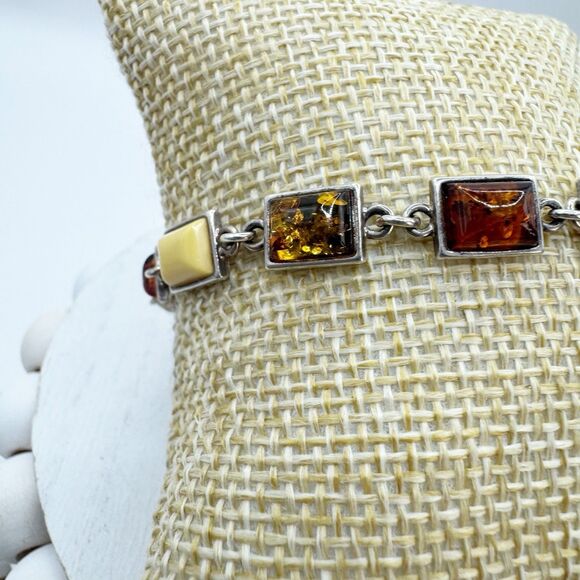 Bezel Set Amber Sterling Silver Link Bracelet Baltic Butter Cognac Honey Amber - Picture 13 of 13